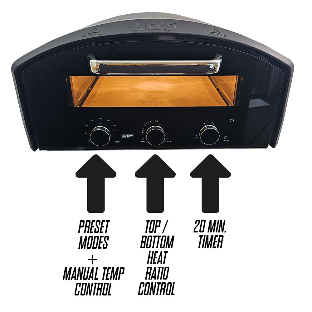 Each knob controls a different aspect of the electric pizza oven.