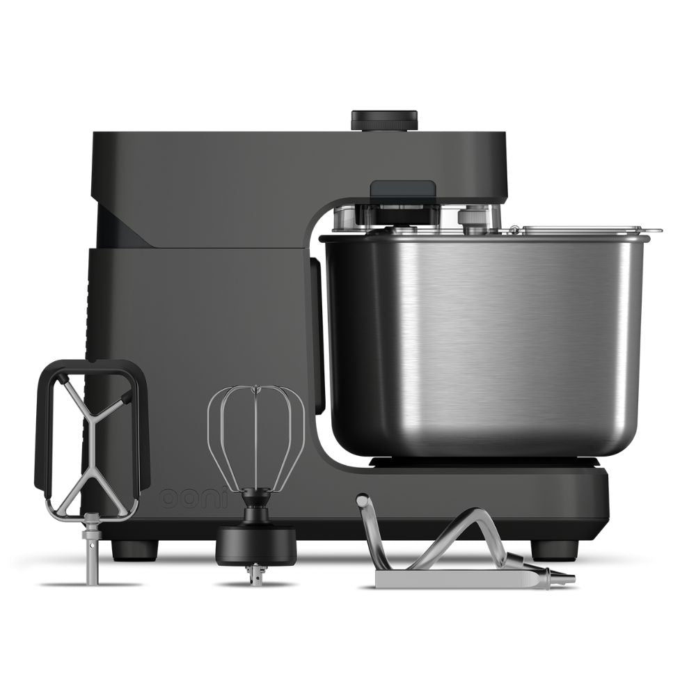 Ooni Halo Pro Spiral Mixer Charcoal Grey Colour include flexible beater, geared whisk and spiral hook attachments.