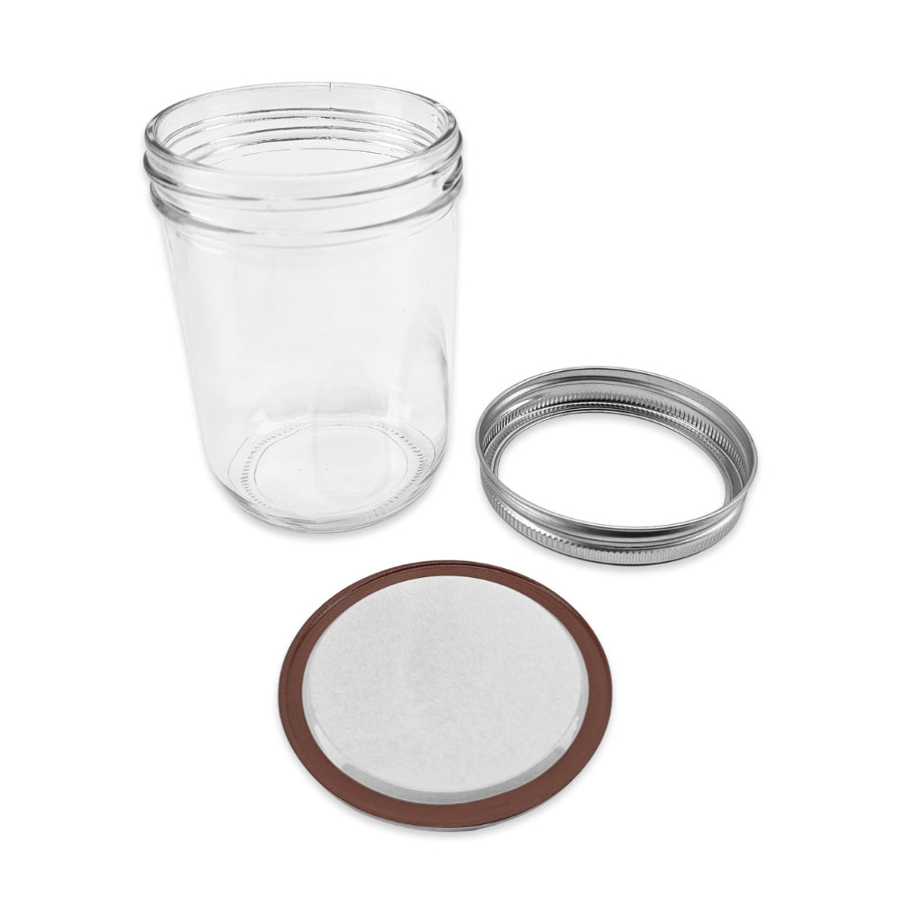 Haul Mason Jars use a two part lid sealing mechanism. The Flat Seal and the Threaded Lid Ring.
