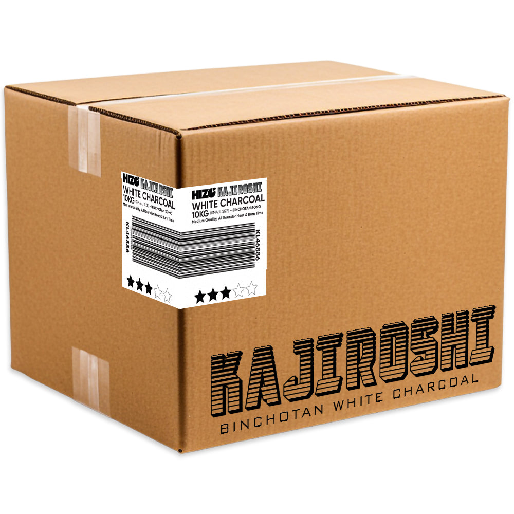 Cardboard box with Kajiroshi Binchotan White Charcoal branding on a white background