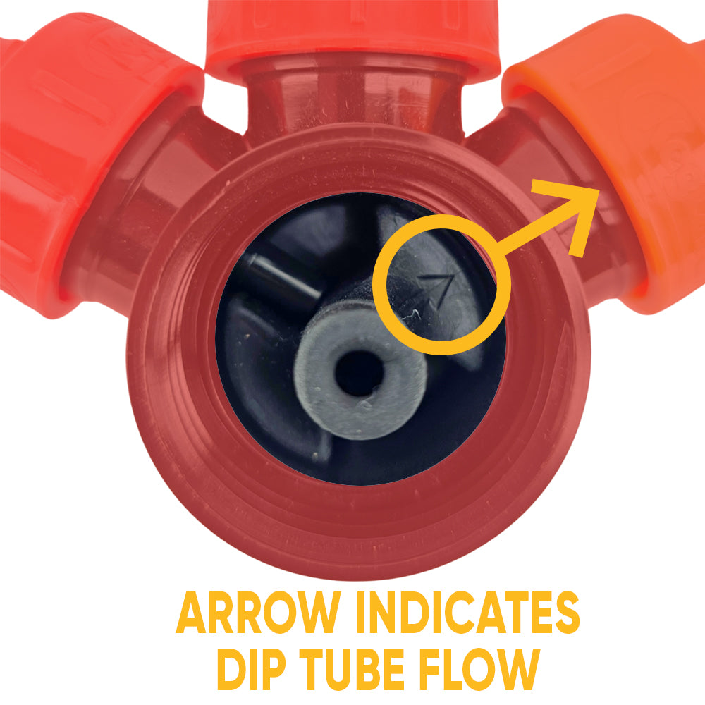Red mechanical component with a yellow arrow indicating dip tube flow on a white background