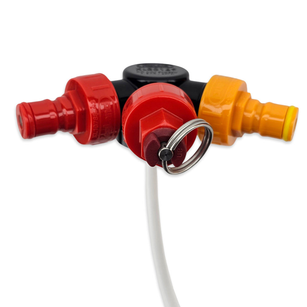 Three-way valve with red, black, and orange ports on a white background