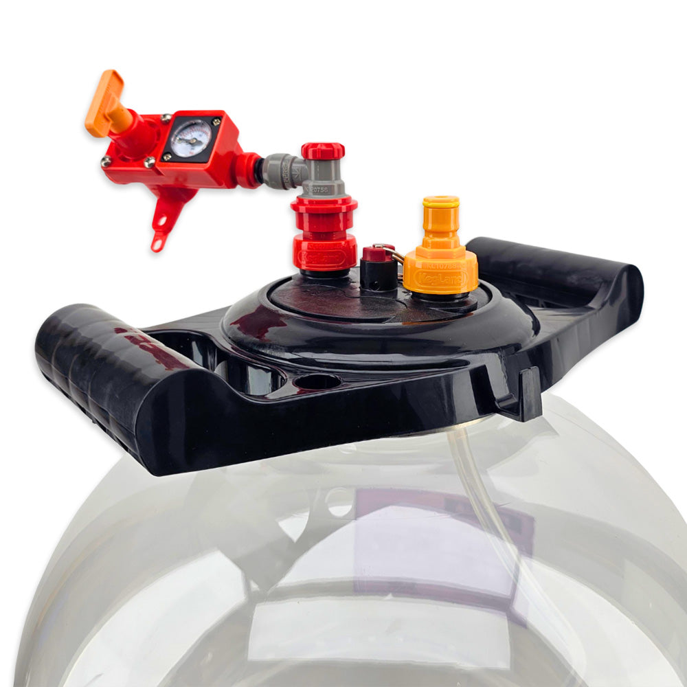 Red Blowtie Spunding Valve close up on the Easy-Grip Threaded Lid Ring