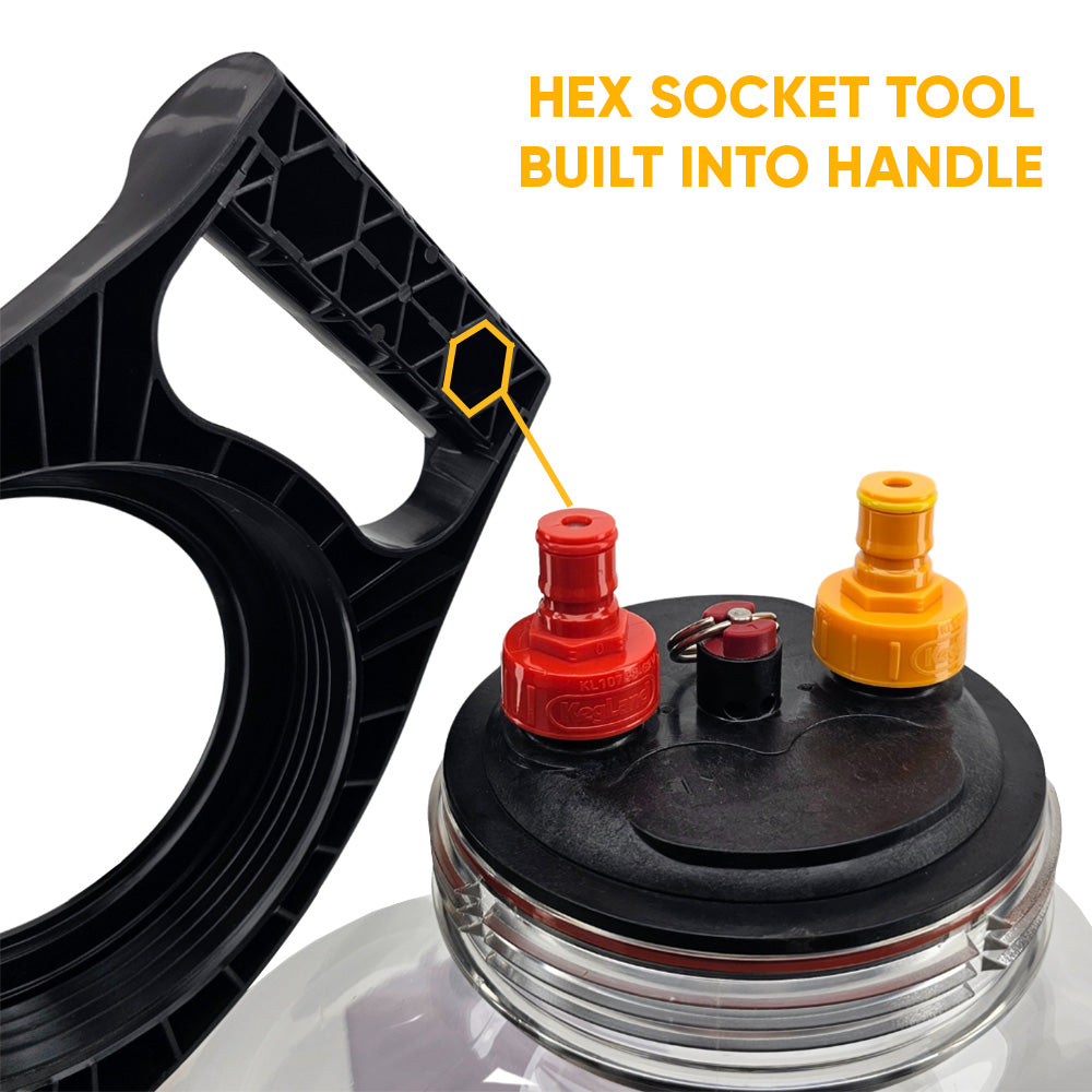 Close-up of a tool with hex socket feature and colorful caps on a white background