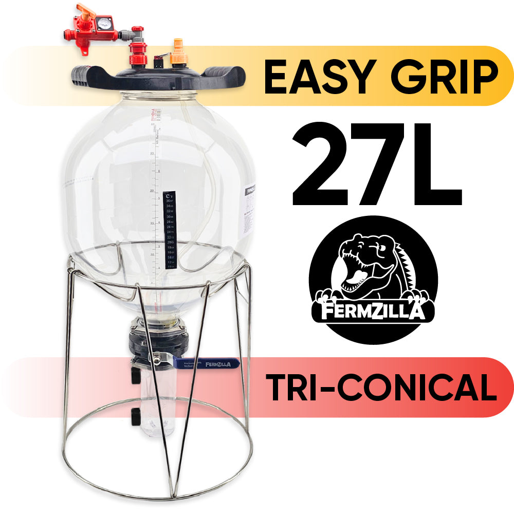 27L tri-conical fermenter with 'Easy Grip' feature and FermZilla branding on a white background.