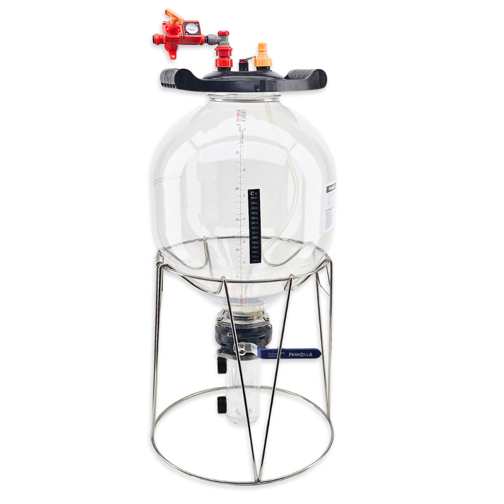 Clear PET fermentation tank with metal stand on a white background