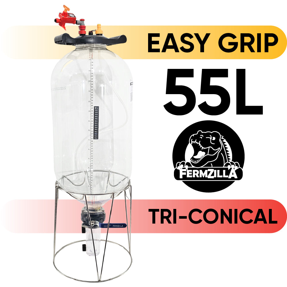 55L tri-conical fermenter with 'Easy Grip' feature and FermZilla branding on a white background.