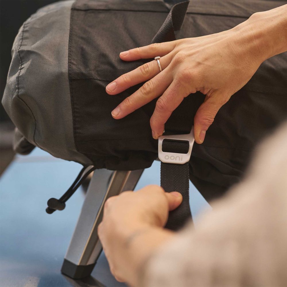 Ooni Koda 2 Black Waterproof Carry Cover with high quality straps and metal buckles.