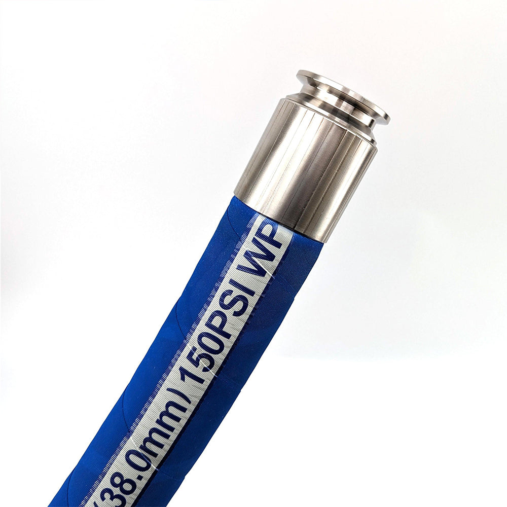 Blue hose with silver fitting on a white background
