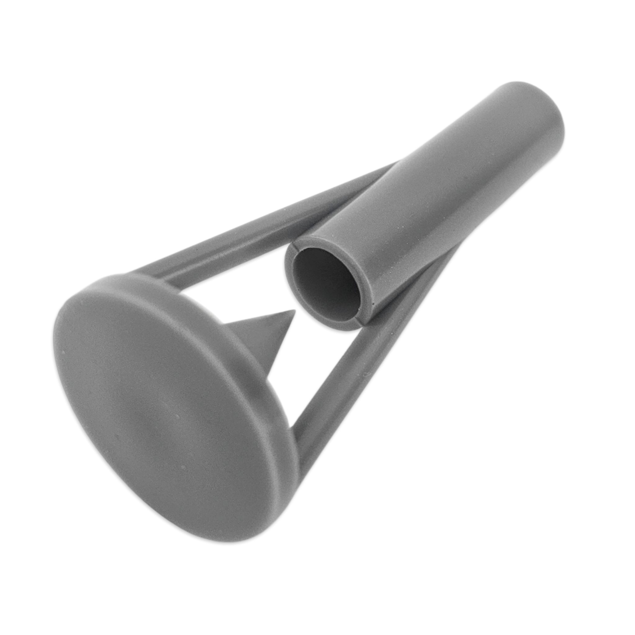 Bottom end profile of a grey plastic wort aerator used for homebrewing and aeration through liquid transfers.