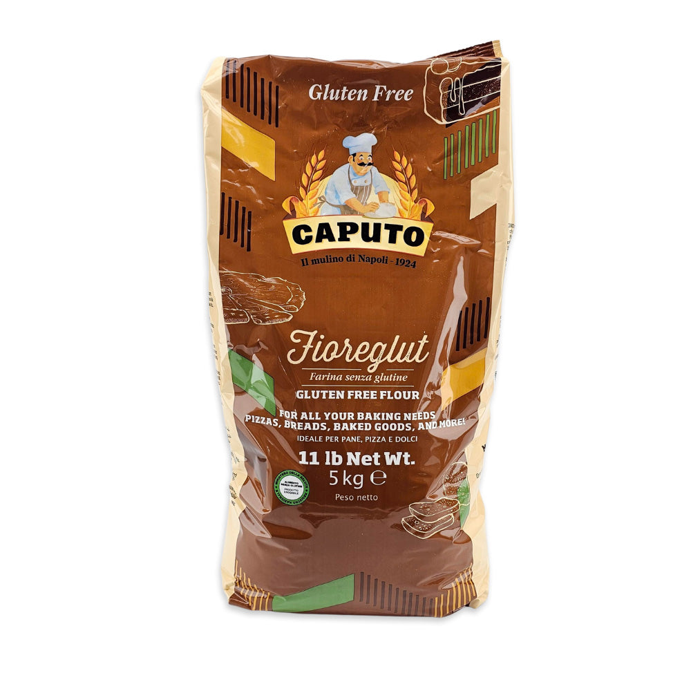 Bulk 5kg of gluten-free pizzeria and bread flour on a white background.