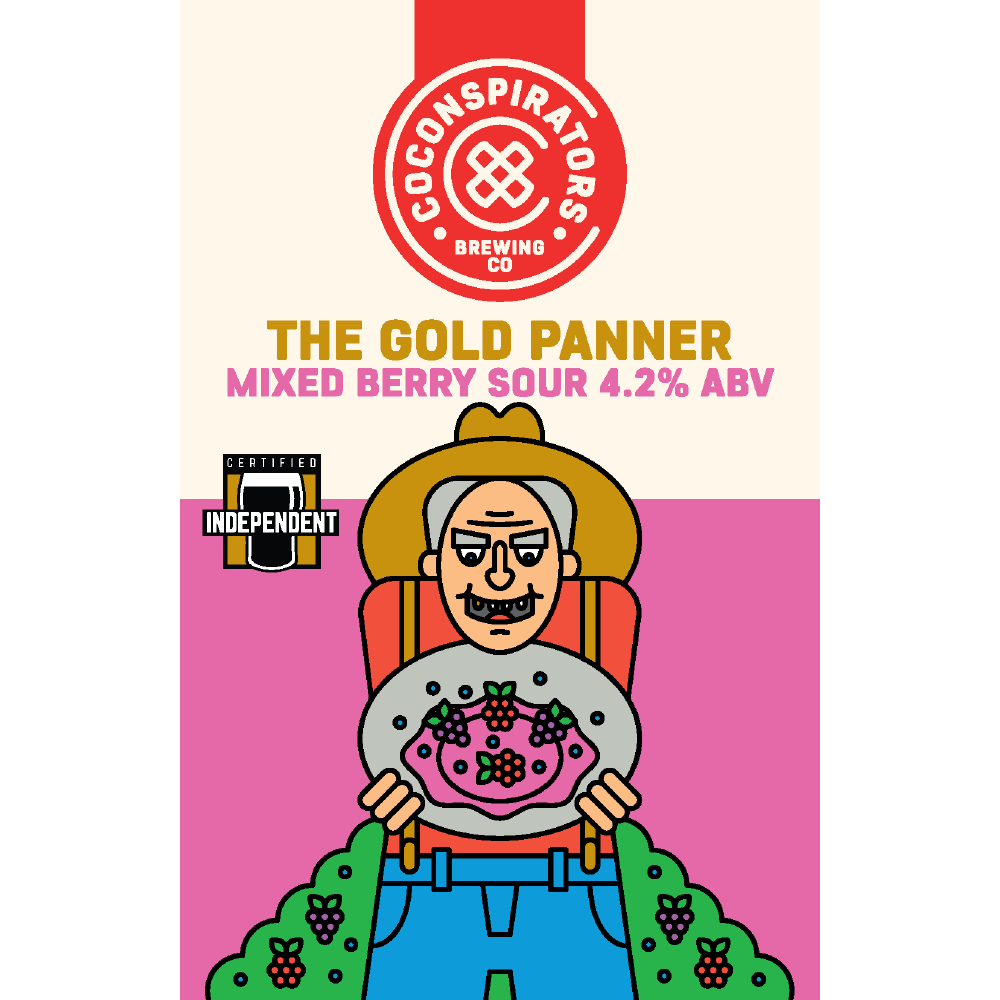 Decal of the Co-conspirators The Gold Panner. A mixed berry kettle sour. 4.2% ABV
