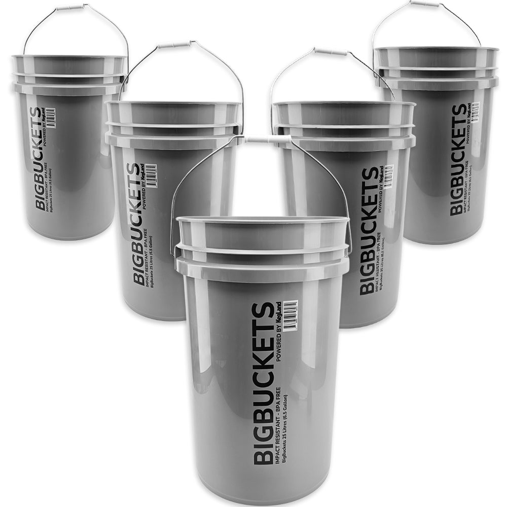 Set of five gray buckets with 'BIGBUCKETS' branding on a white background