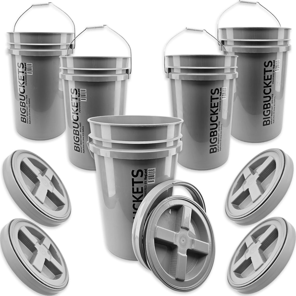 Set of gray buckets with lids labeled 'BIG BUCKETS' on a white background.