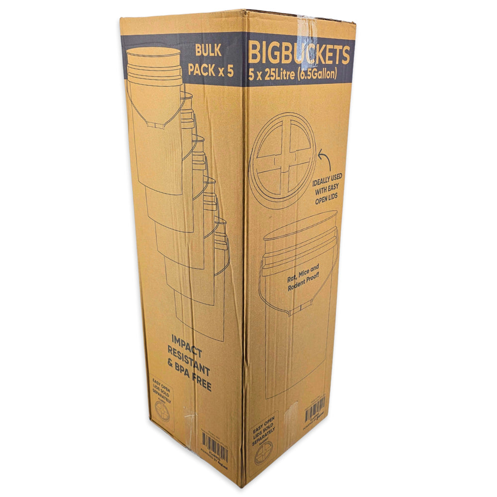 Cardboard box packaging for Big Buckets with product illustration and text on a white background