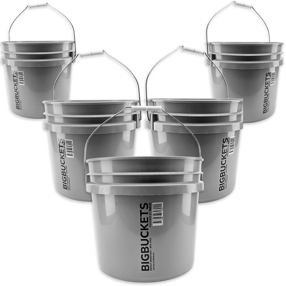 Set of gray buckets with handles on a white background, branded 'Big Buckets'.