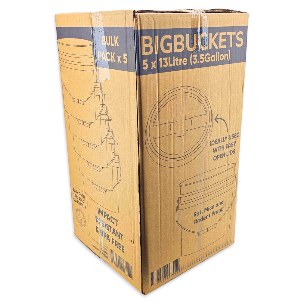 Cardboard box packaging for Big Buckets with product illustration and text on a white background