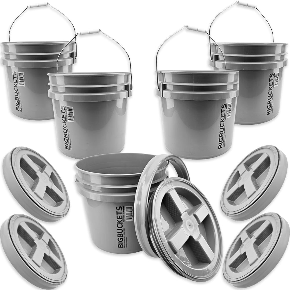 Gray buckets with lids on a white background, featuring 'Big Buckets' branding.