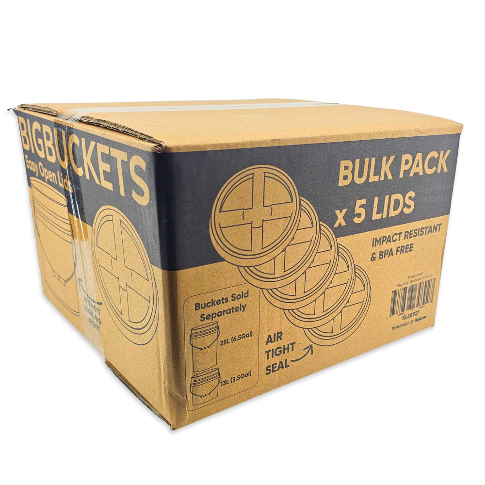 Cardboard box packaging for 'BIGBUCKETS' with 'BULK PACK x 5 LIDS' text on a white background.