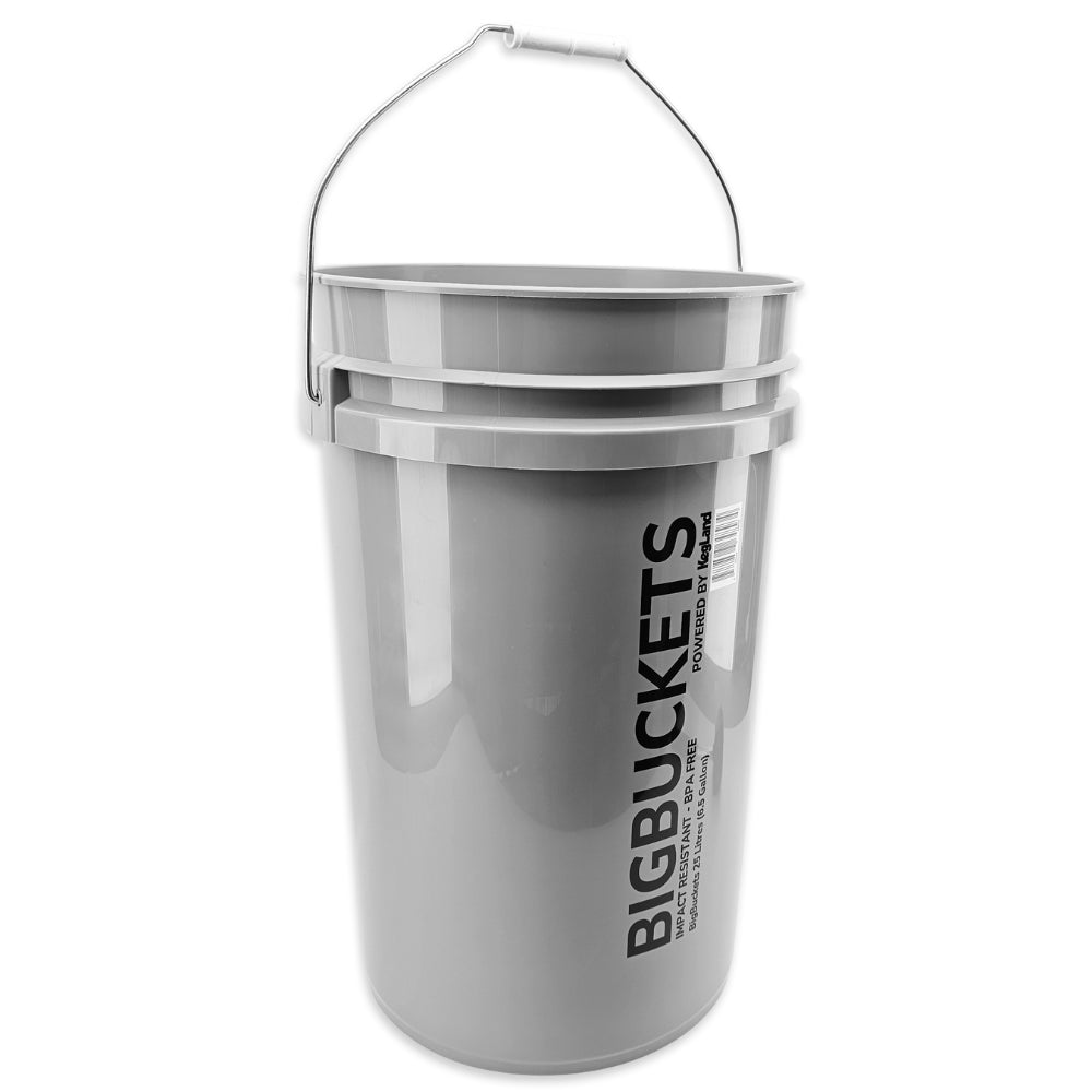 Gray bucket with 'BIG BUCKETS' branding on a white background