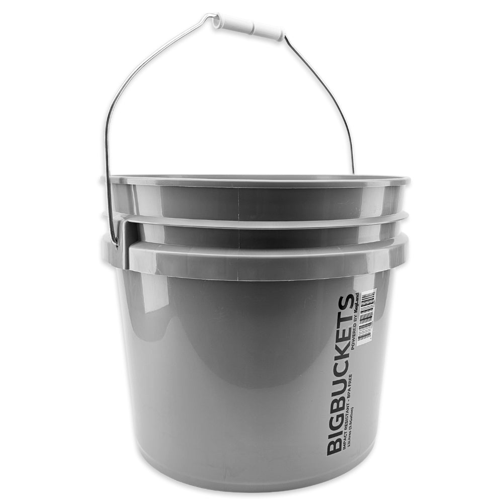Gray bucket with a handle labeled 'Big Buckets' on a white background