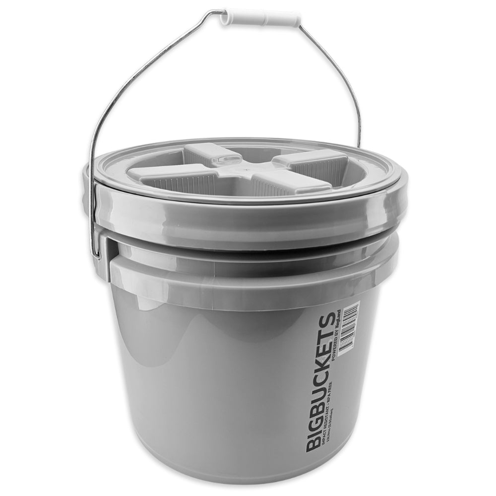 Gray bucket with a lid labeled 'Big Buckets' on a white background