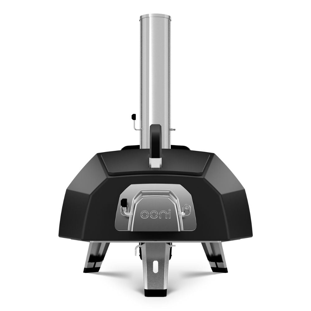 Ooni Karu 2 Pro - 16 inch multi-fuel outdoor pizza oven - rear view with fuel grate and tray door installed.