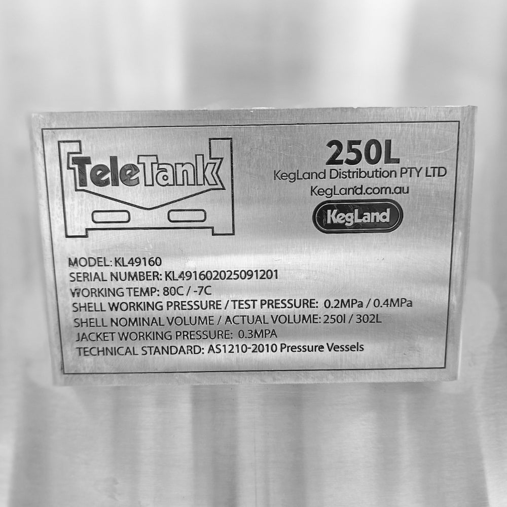 Metal label on a TeleTank container with technical specifications.