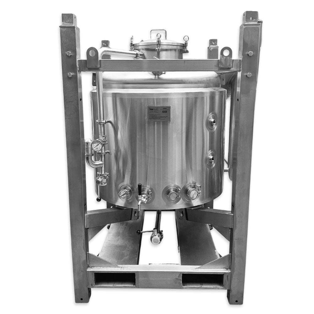 500L Stainless steel TeleTank fermenting or mixing vessel with metal frame on a white background.