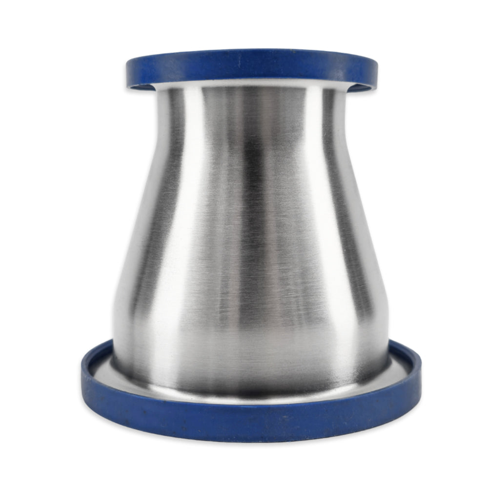 Metallic cylindrical object with blue rubber bands on a white background