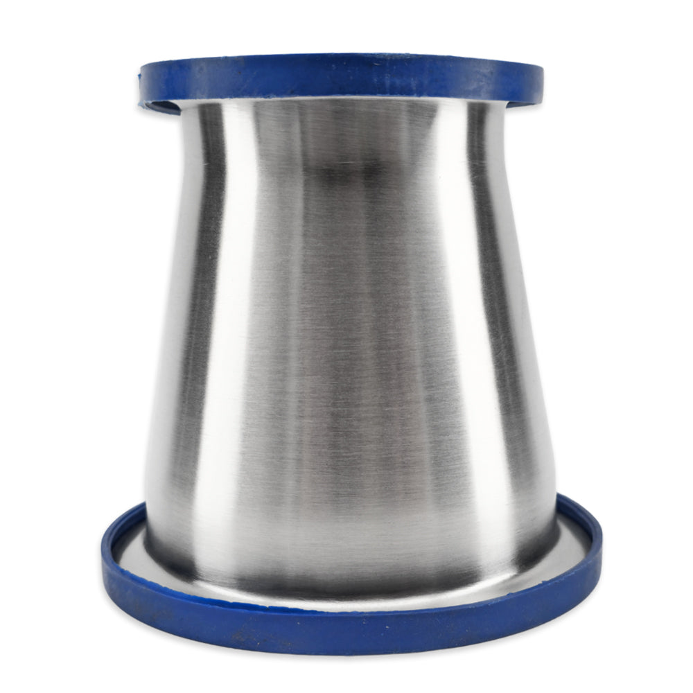 Metallic cylindrical object with blue top and bottom on a white background