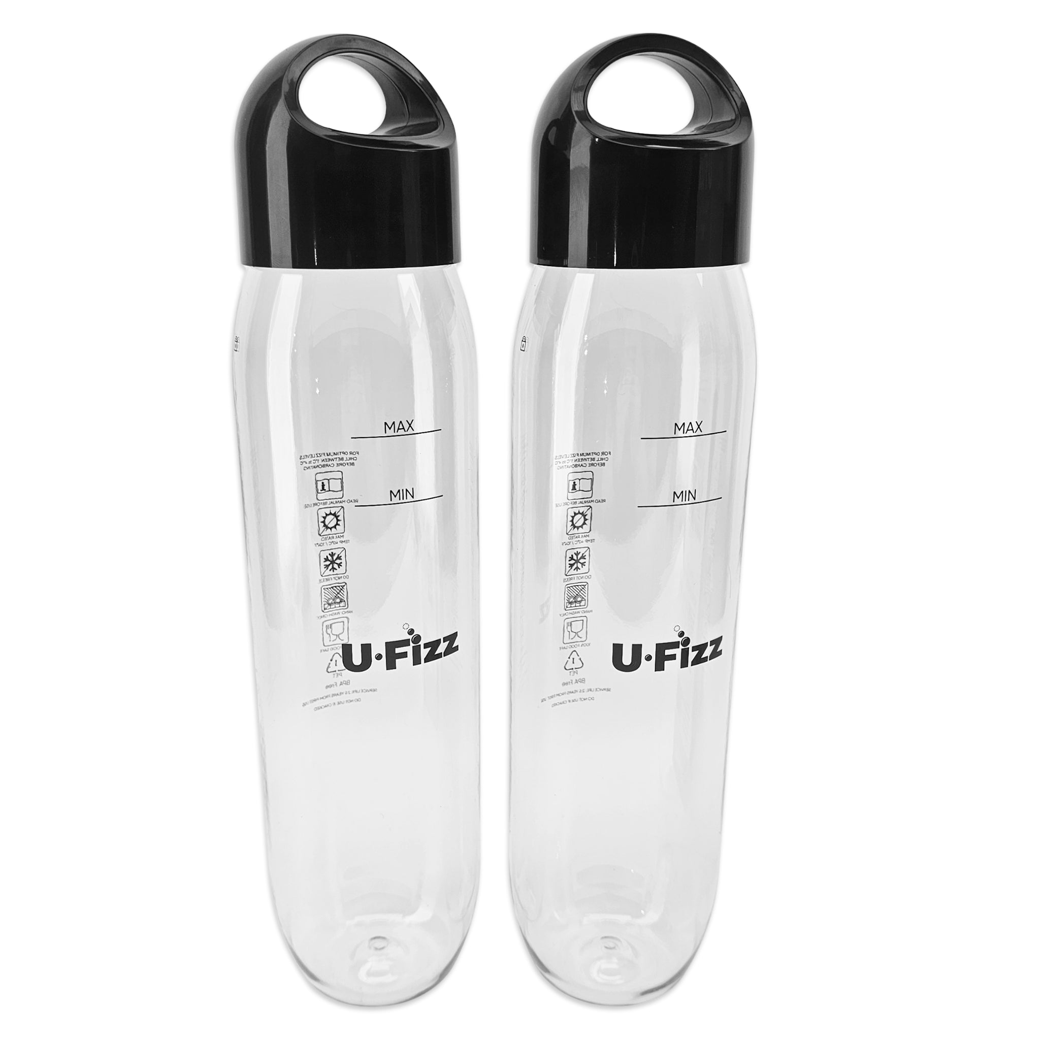 Two clear bottles with black lids and 'U-Fizz' branding on a white background