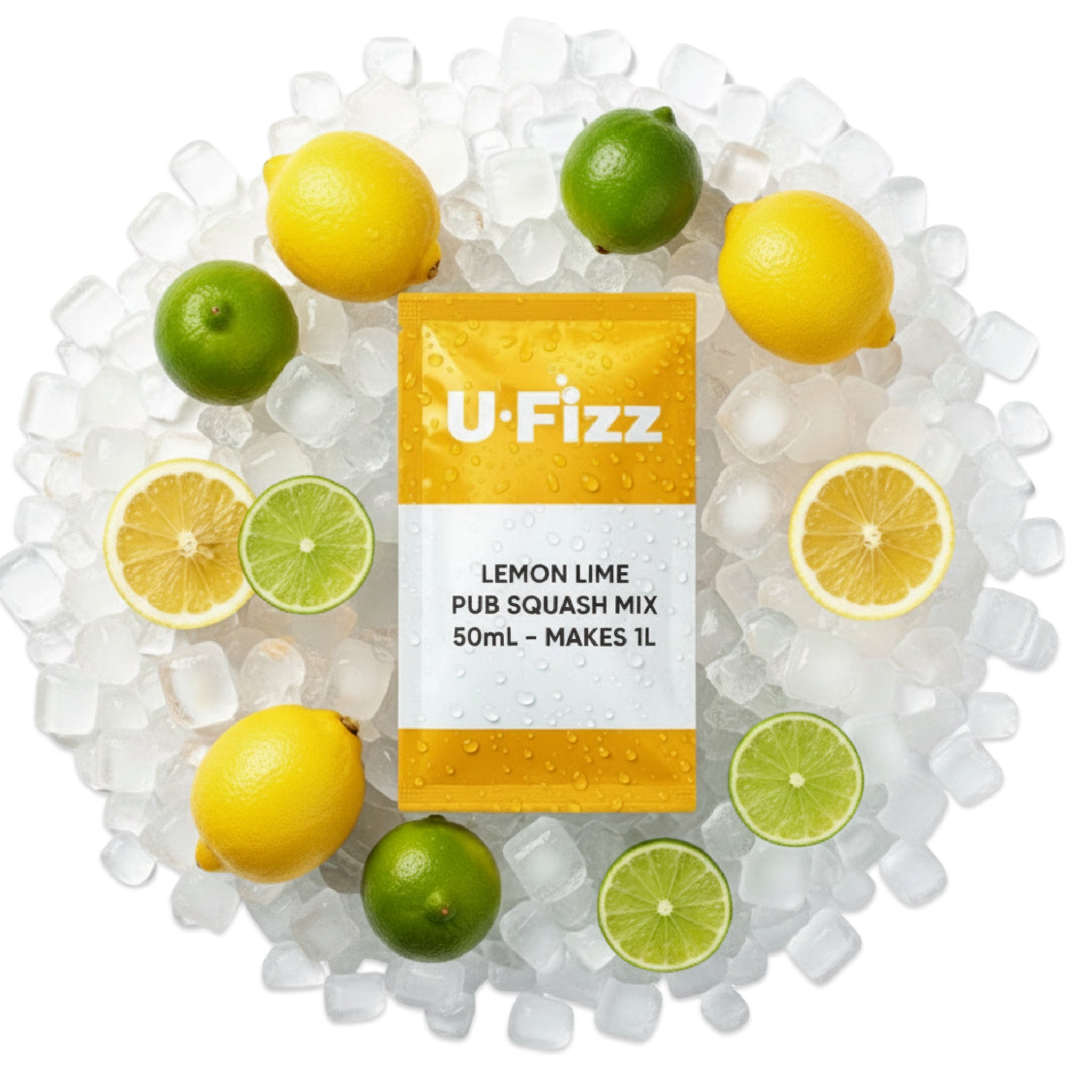 U-Fizz lemon lime pub squash mix packet surrounded by lemons and limes on ice.