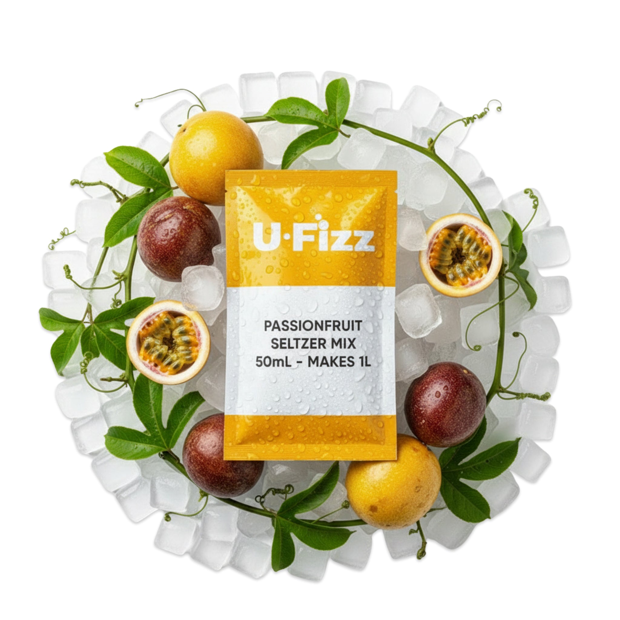 U-Fizz passionfruit seltzer mix packet surrounded by fruits and ice cubes on a white background
