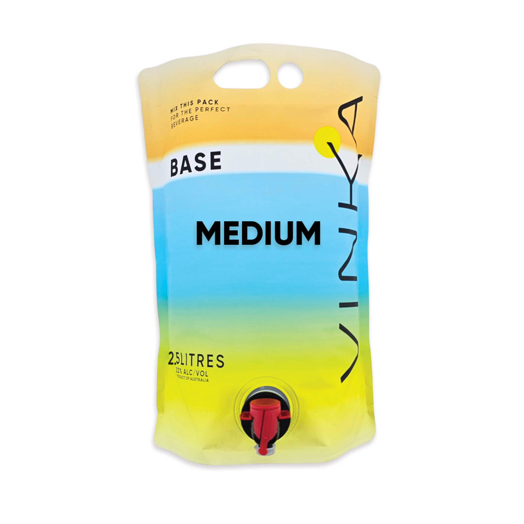 Yellow and blue water bladder with 'Base Medium' text on a white background