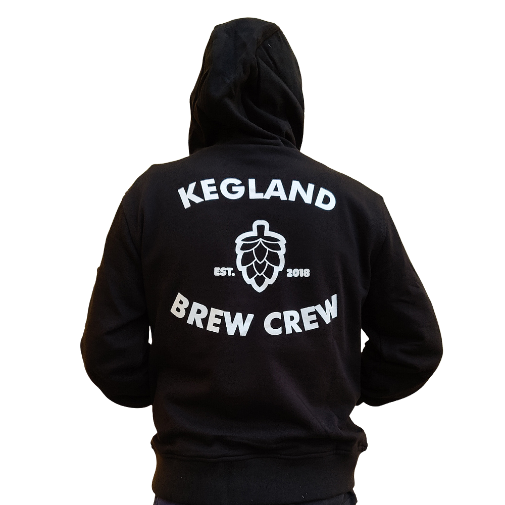 Black hoodie with 'KEGLAND BREW CREW' text and logo on the back against a white background