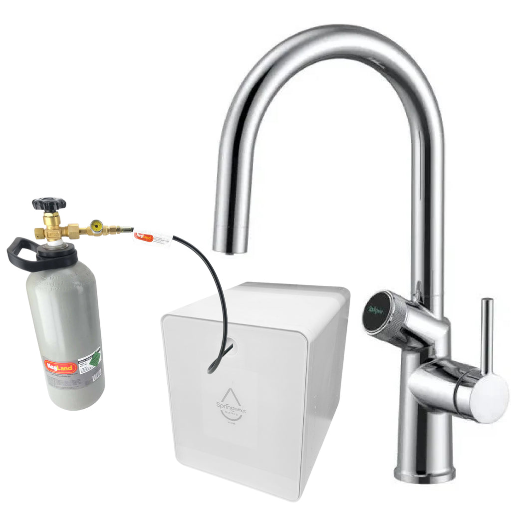 A countertop water filter system with a tall curved polished chrome faucet, a white rectangular filter canister, and a gray gas cylinder connected by tubing. The products are shown on a plain white background.