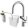 A countertop water filter system with a tall curved polished chrome faucet, a white rectangular filter canister, and a gray gas cylinder connected by tubing. The products are shown on a plain white background.