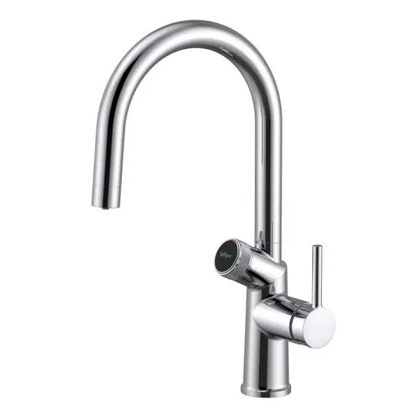Chrome kitchen faucet on a white background