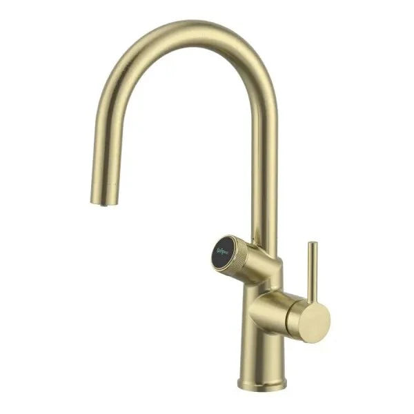 Gold kitchen faucet on a white background