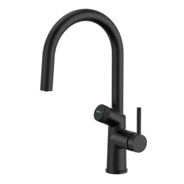 Black kitchen faucet on a white background