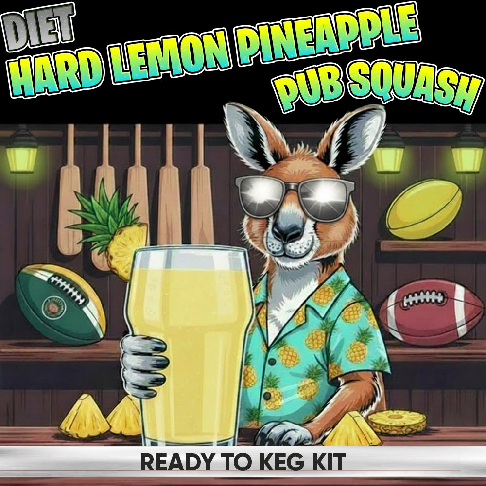 A stylized illustrated advertisement for a keg mixing kit. A cartoon kangaroo wearing sunglasses and a green pineapple-print shirt holds a large glass of yellow drink in a bar setting.