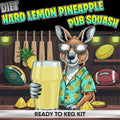 A stylized illustrated advertisement for a keg mixing kit. A cartoon kangaroo wearing sunglasses and a green pineapple-print shirt holds a large glass of yellow drink in a bar setting.