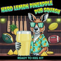 A stylized illustrated advertisement for a keg setup product. A cartoon kangaroo wearing green sunglasses and a turquoise pineapple-print shirt stands behind a bar counter holding a large glass of yellow drink.