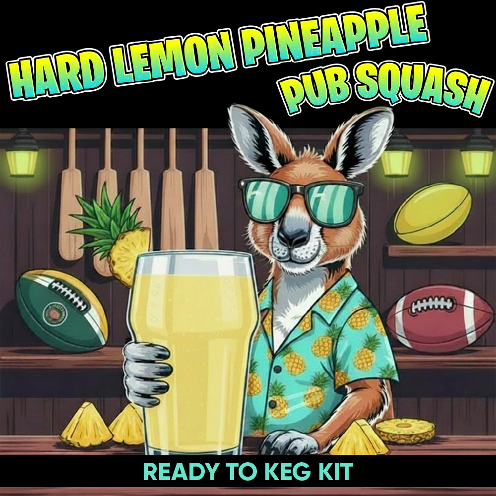 A stylized illustrated advertisement for a keg setup product. A cartoon kangaroo wearing green sunglasses and a turquoise pineapple-print shirt stands behind a bar counter holding a large glass of yellow drink.