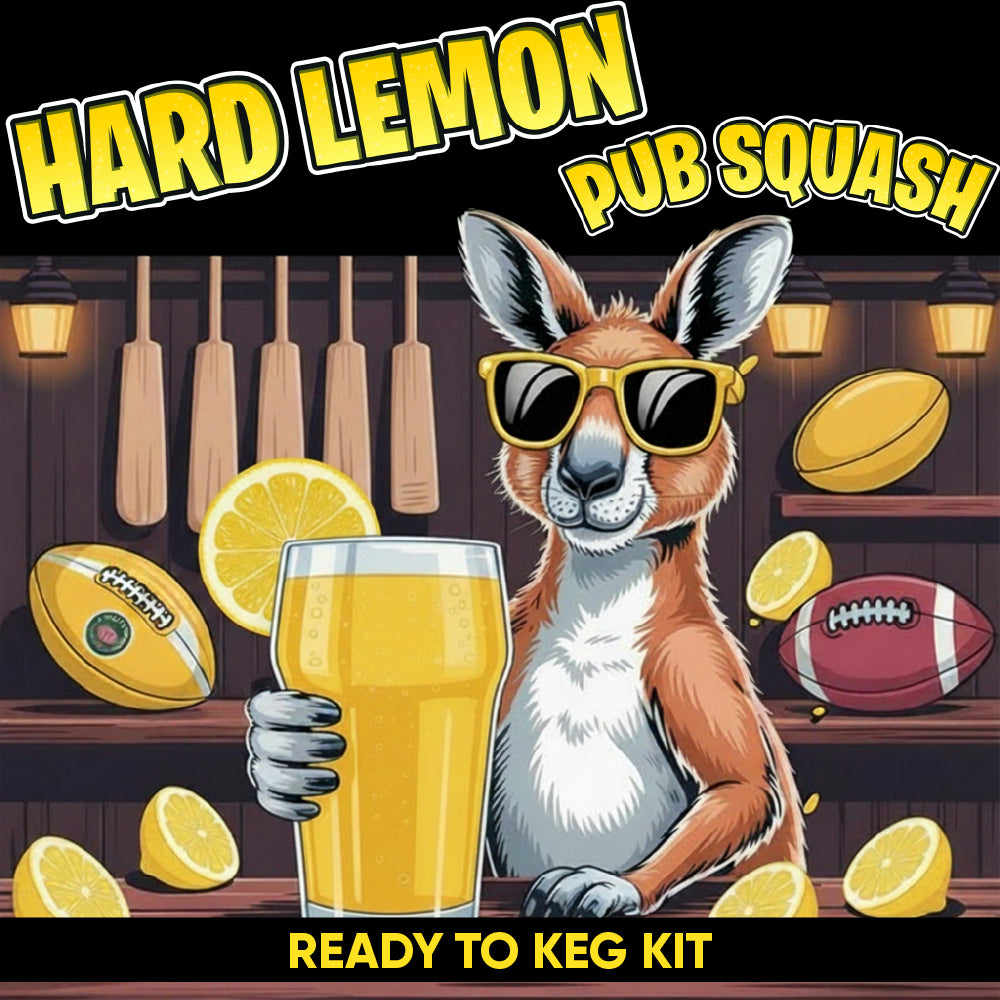 Promotional graphic for a 'Hard Lemon Pub Squash Ready to Keg Kit' featuring a cartoon kangaroo wearing sunglasses and holding a pint of golden beer, surrounded by lemons, footballs, and sports rackets in a bar setting.
