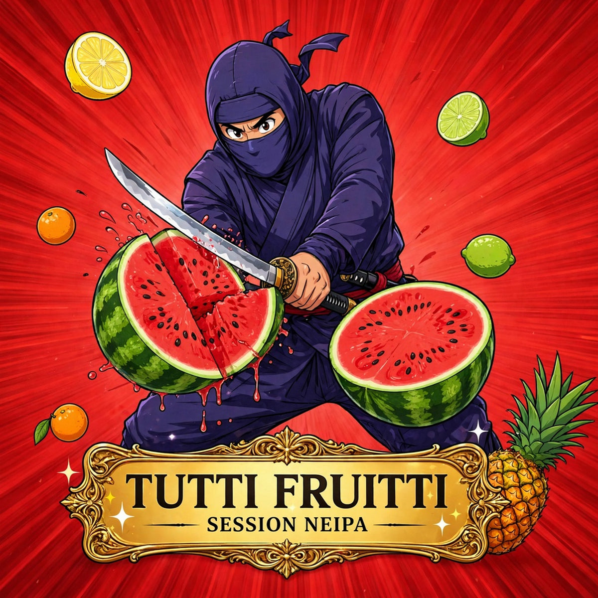 A Purple Ninja Slicing Fruit labelled Tutti Frutti Session Neipa.