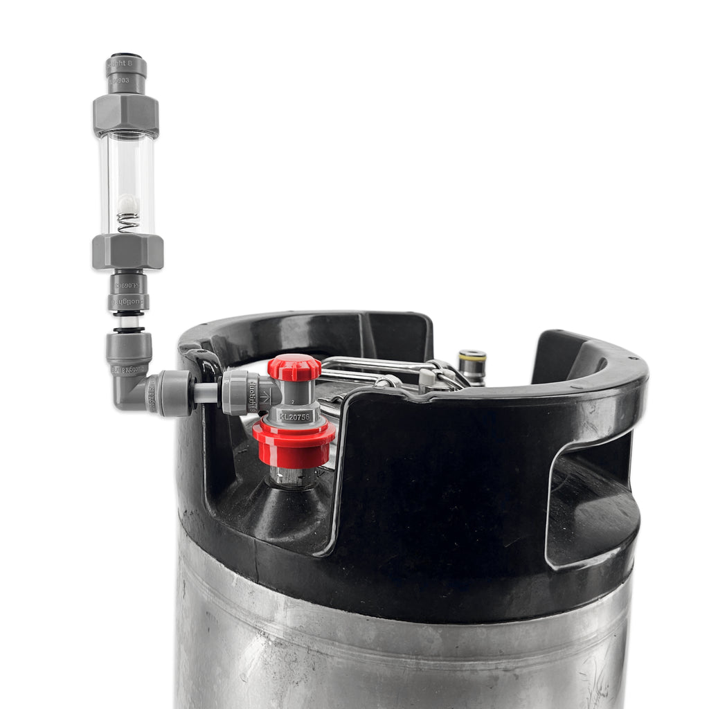 A close-up of a metal keg with a black plastic top and a gray inline filter with a clear tube and red cap, isolated on a white background.