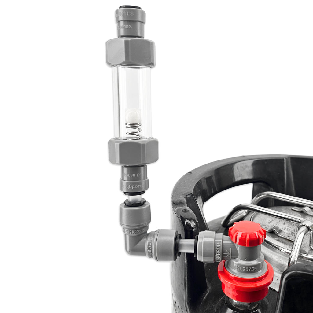 A gray plastic inline filter with a clear glass chamber and a red valve cap, shown attached to a black container on a white background.