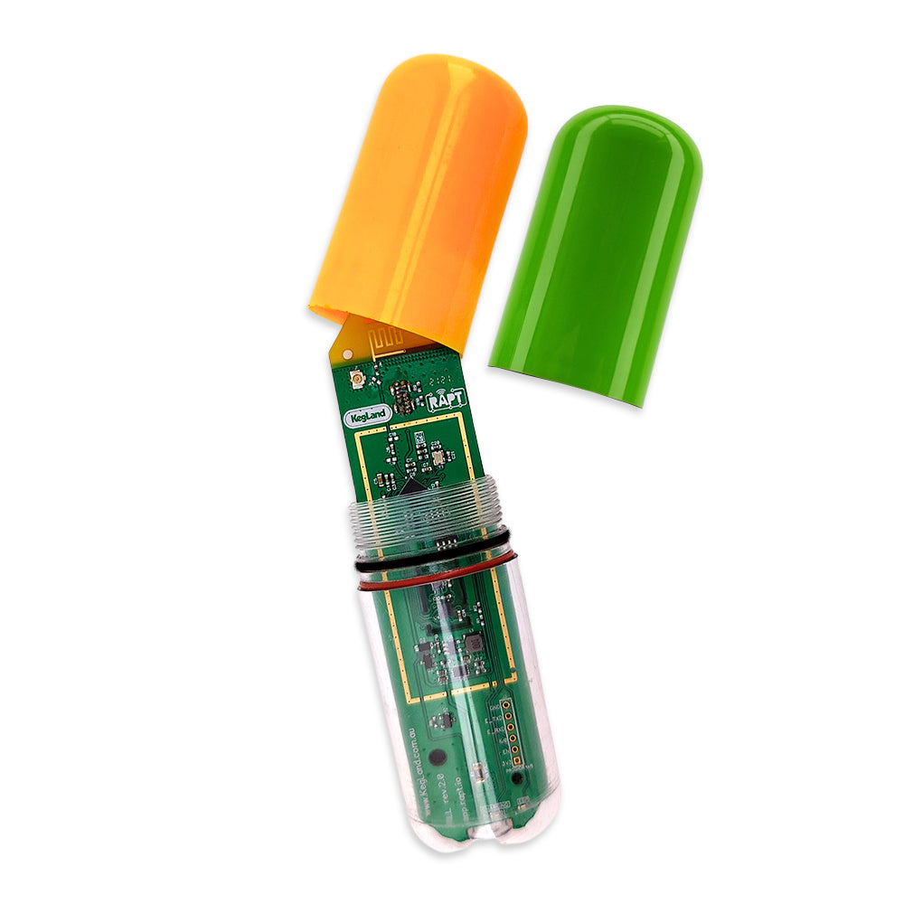 Green RAPT Pill. Measures Density of fermentation and temperature.